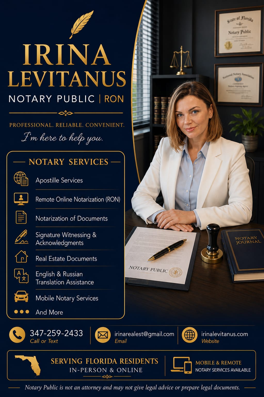 Irina Levitanus Notary Public and Remote Online Notary services flyer